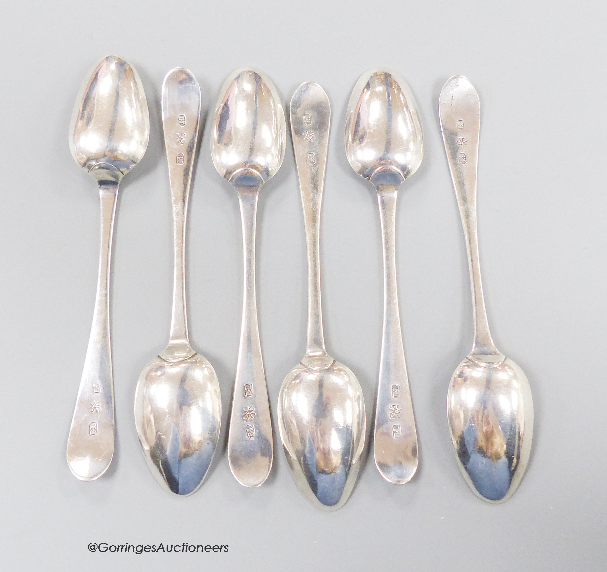 A set of six late 18th century Scottish provincial silver bright cut engraved teaspoons, by Benjamin Lumsden, Montrose, c.1790, 12.5cm, 67 grams.